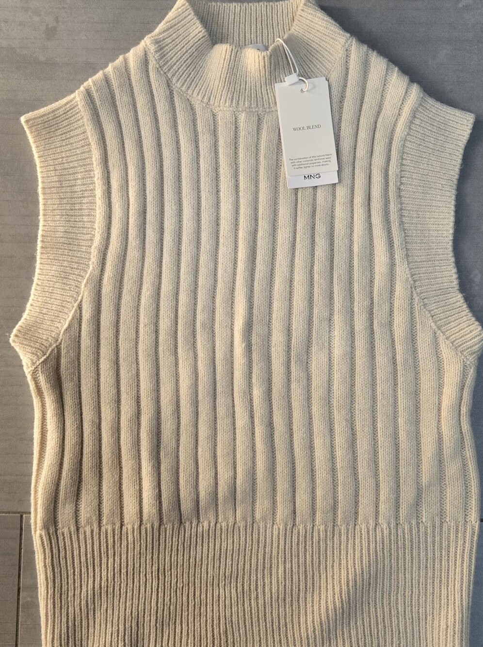Mango Cream Ribbed Wool-Blend Mock Neck Vest